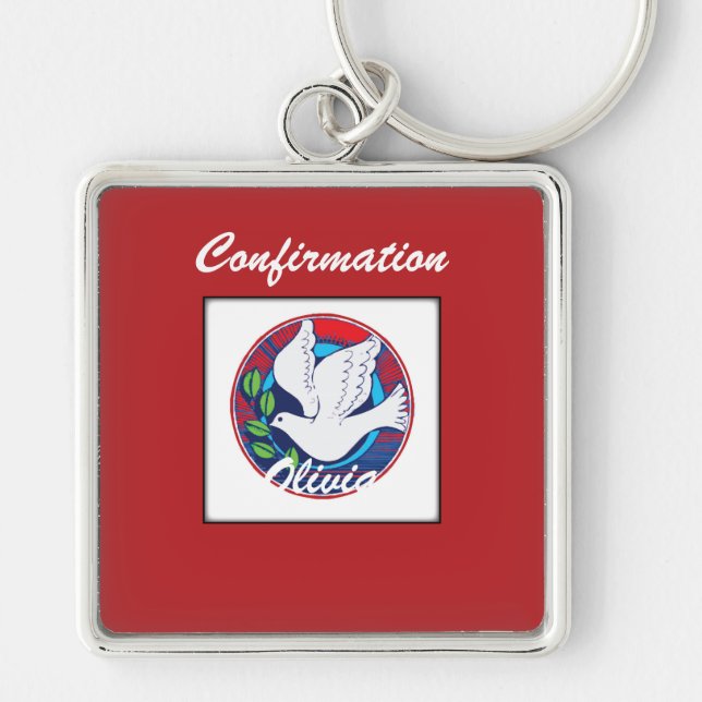 Confirmation Colourful Dove on Red Background Key Ring (Front)
