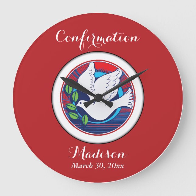 Confirmation Colourful Dove on Red Background Large Clock (Front)