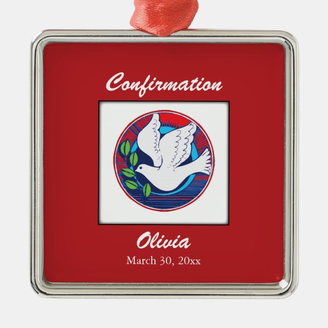 Confirmation Colourful Dove on Red Background Metal Tree Decoration (Front)