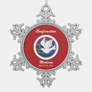 Confirmation Colourful Dove on Red Background Snowflake Pewter Christmas Ornament
