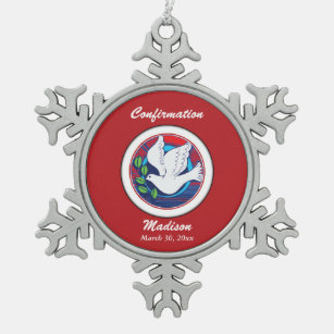 Confirmation Colourful Dove on Red Background Snowflake Pewter Christmas Ornament