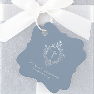 Confirmation Crest Dusty Blue Faux Silver Vintage Favour Tags