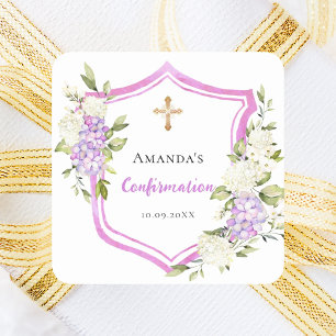 Confirmation crest pink purple flowers square sticker