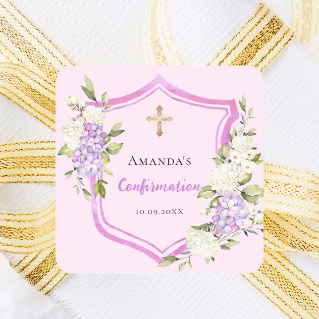 Confirmation crest pink purple flowers square sticker (Creator Uploaded)