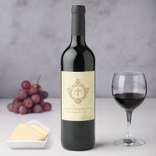Confirmation Cross & Crest Vintage Brown Parchment Wine Label