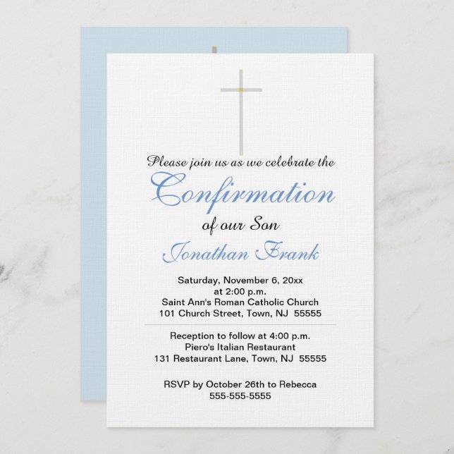 Confirmation Cross Son Blue Grey Invitation (Front/Back)