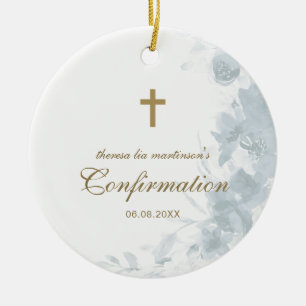 Confirmation Delicate Blue Watercolor Floral Cross Ceramic Tree Decoration
