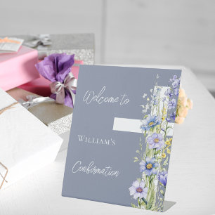 Confirmation dusty blue floral cross welcome pedestal sign