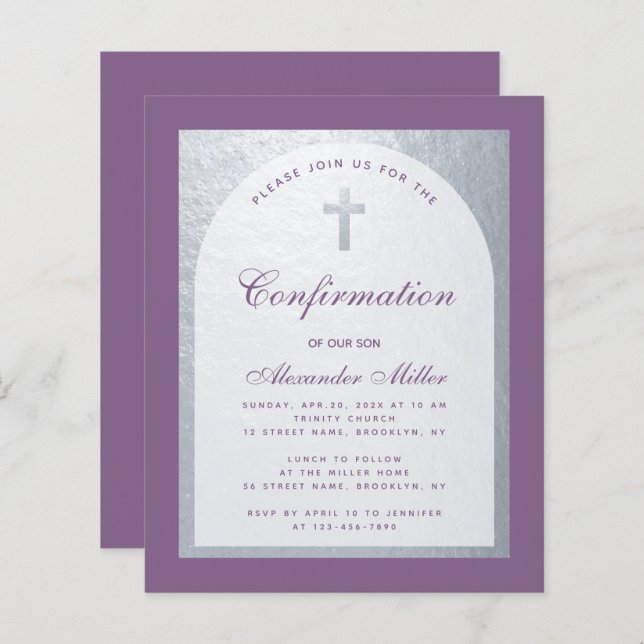 Confirmation Dusty Purple Silver Budget Invitation (Front/Back)