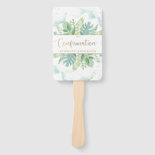 Confirmation Elegant Blue Green Greenery  Hand Fan