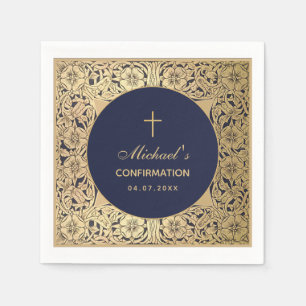Confirmation Elegant Vintage Gold Roses Navy Blue  Napkin