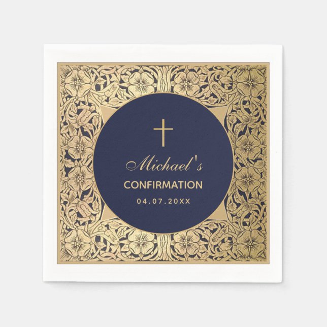 Confirmation Elegant Vintage Gold Roses Navy Blue  Napkin (Front)