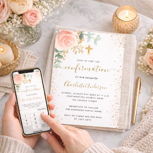 Confirmation eucalyptus blush pink floral girl invitation