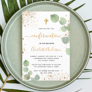 Confirmation eucalyptus gold glitter girl invitation