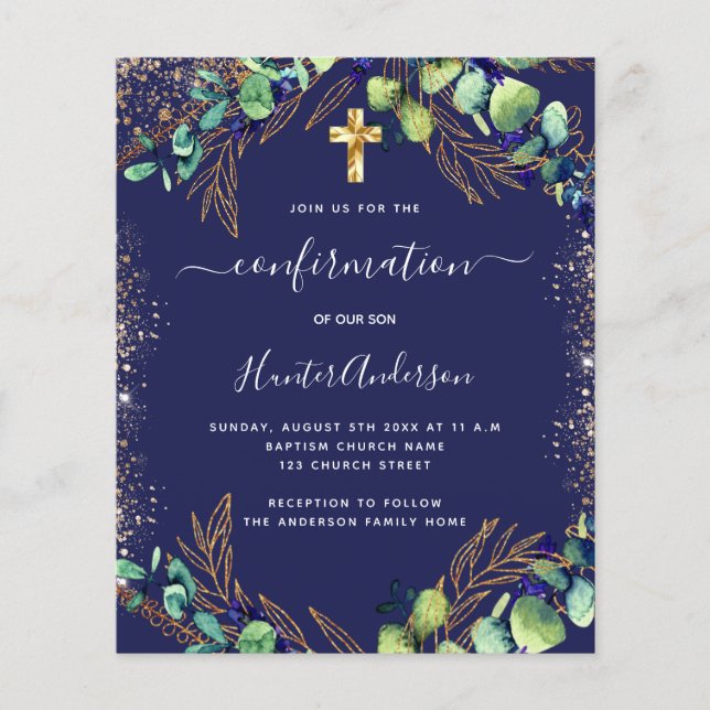 Confirmation eucalyptus greenery blue invitation (Front)