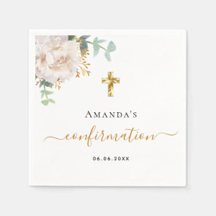 Confirmation eucalyptus white floral rose gold napkin