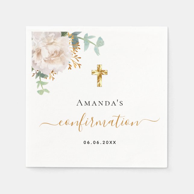 Confirmation eucalyptus white floral rose gold napkin (Front)