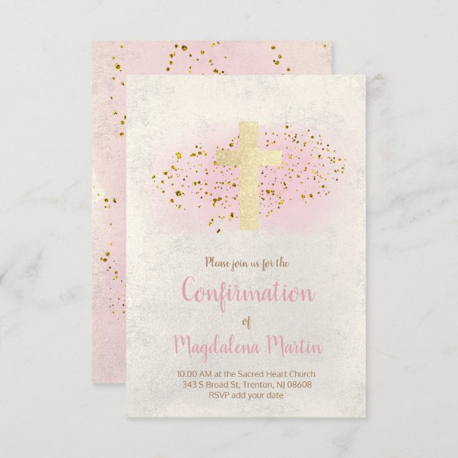 Confirmation |  FAUX glitter and pink watercolor Invitation (Front/Back)