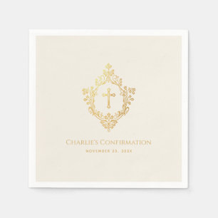 Confirmation Faux Gold Cross Crest Ivory Religious Napkin