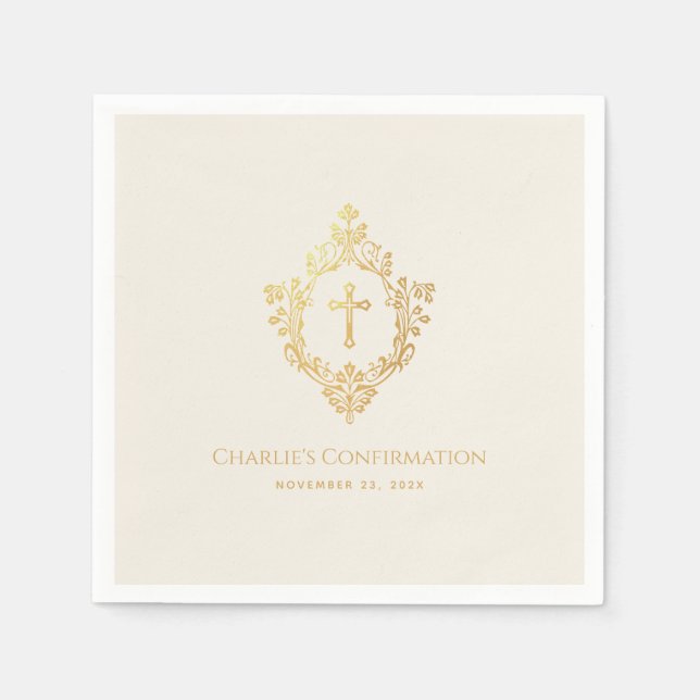 Confirmation Faux Gold Cross Crest Ivory Religious Napkin (Front)