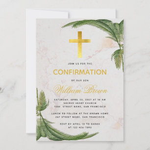 Confirmation Fern Greenery Faux Gold Cross Marble Invitation