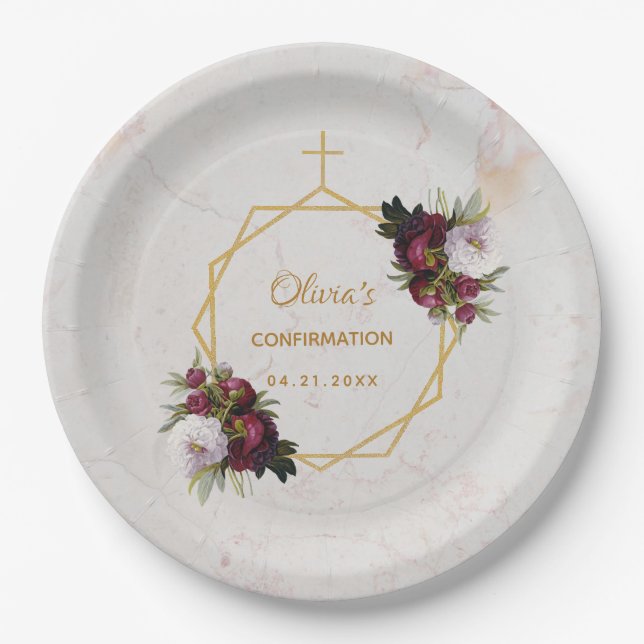 Confirmation Floral Burgundy Peonies Marble Gold Paper Plate (Front)