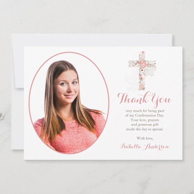 Confirmation Floral Cross Custom Girl Photo Thank  You Card (Front)