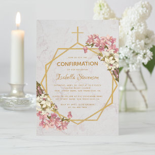 Confirmation Floral Gold Marble Orchids Geometric Invitation