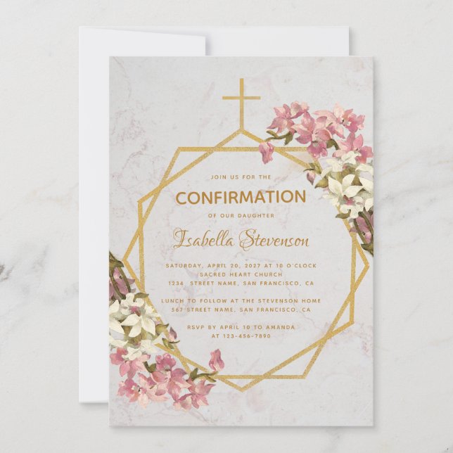 Confirmation Floral Gold Marble Orchids Geometric Invitation (Front)