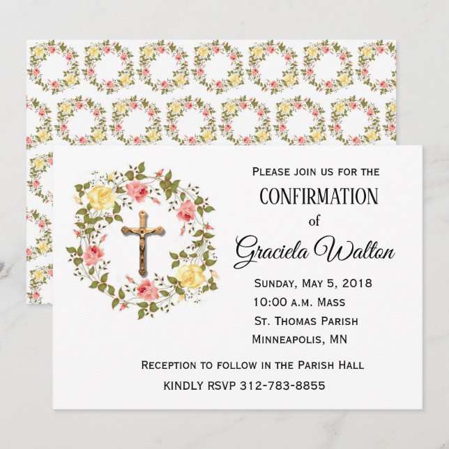 Confirmation Floral Wreath Crucifix Invitation (Front/Back)
