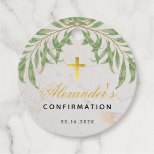 Confirmation Foliage Marble Calligraphy Gold Cross Favour Tags