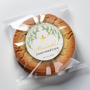 Confirmation Foliage Marble Script Faux Gold Cross Classic Round Sticker