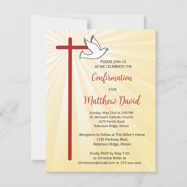 Confirmation for Boy Cross Dove Gold Rays Invitation (Front)