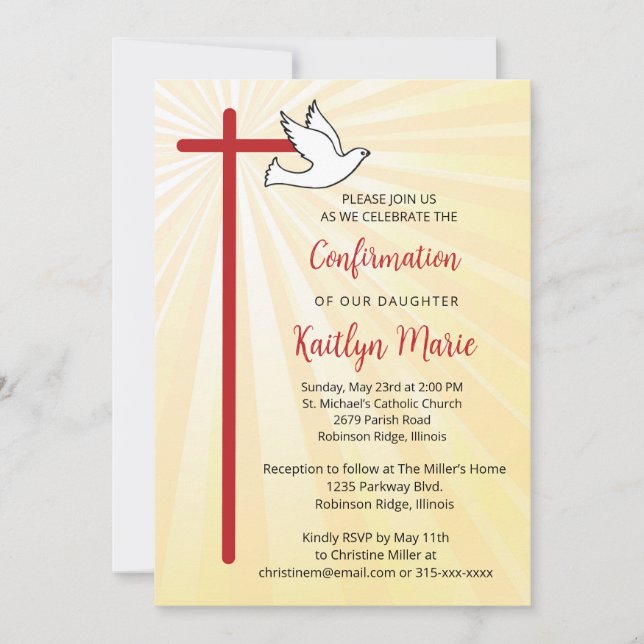 Confirmation for Daughter Cross Dove Gold Rays Invitation (Front)