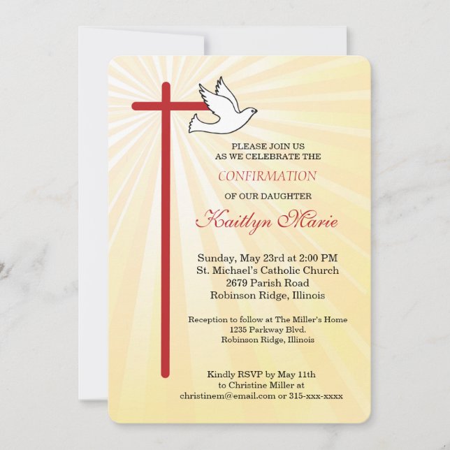 Confirmation for  Daughter Cross Dove Rays Rounded Invitation (Front)