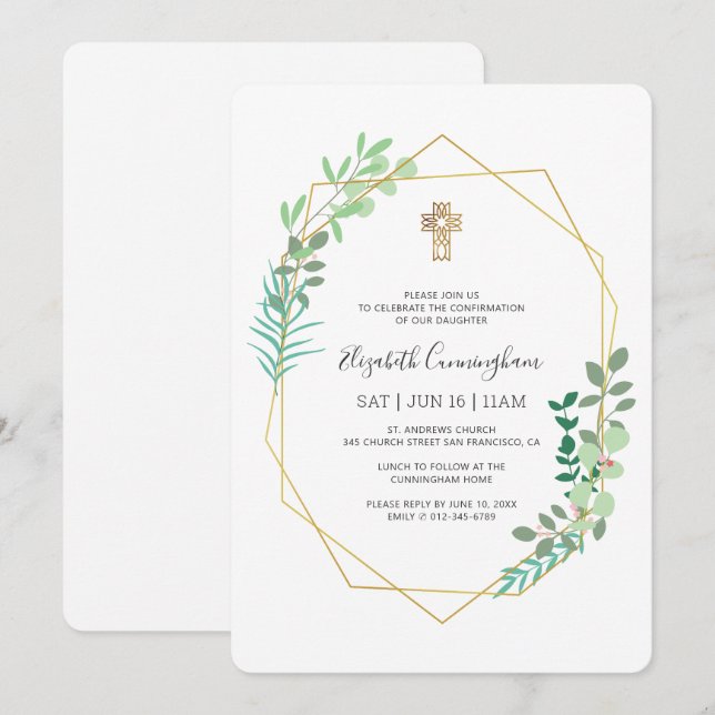 Confirmation For Her Geometric Foliage Gold Cross Invitation (Front/Back)