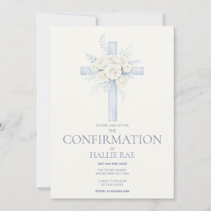 Confirmation for her, Modern Blue Floral Cross Invitation
