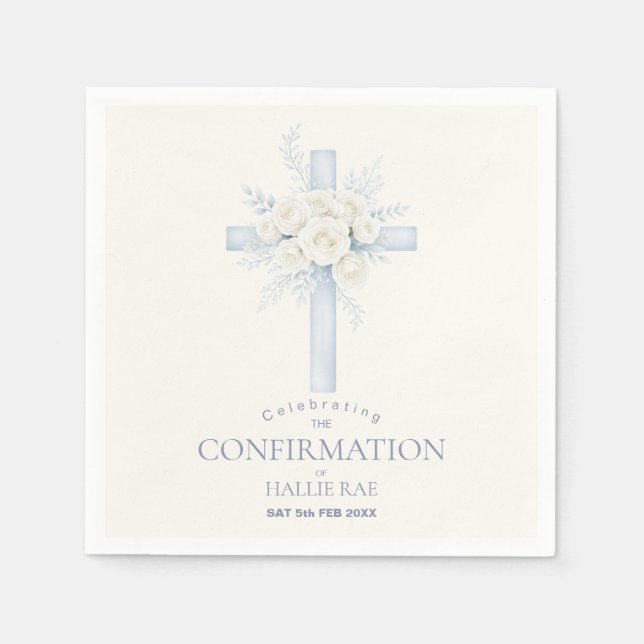 Confirmation for her, Modern Blue Floral Cross Napkin (Front)