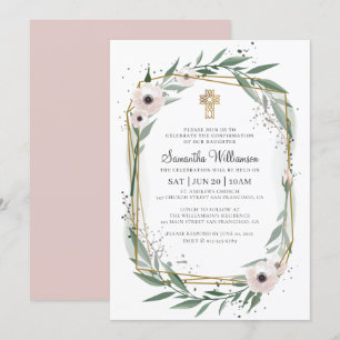 Confirmation For Her Modern Geometric Floral Cross Invitation