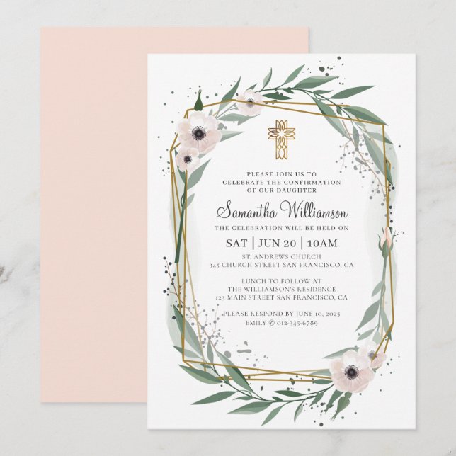 Confirmation For Her Modern Geometric Floral Cross Invitation (Front/Back)