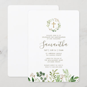 Confirmation For Her Watercolor Foliage Gold Cross Invitation