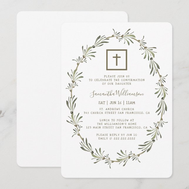 Confirmation For Her Watercolor Green Foliage Invitation (Front/Back)