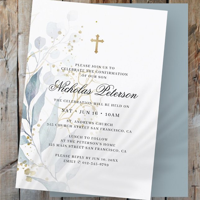 Confirmation For Him | Foliage Gold Cross Invitation (Creator Uploaded)