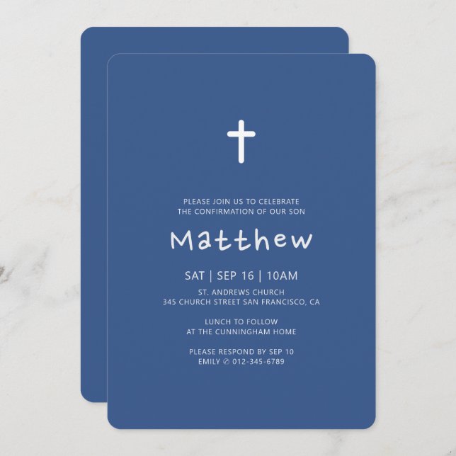 Confirmation For Him | Modern Cross Classic Blue Invitation (Front/Back)