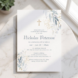 Confirmation For Him Modern Foliage Gold Cross Invitation