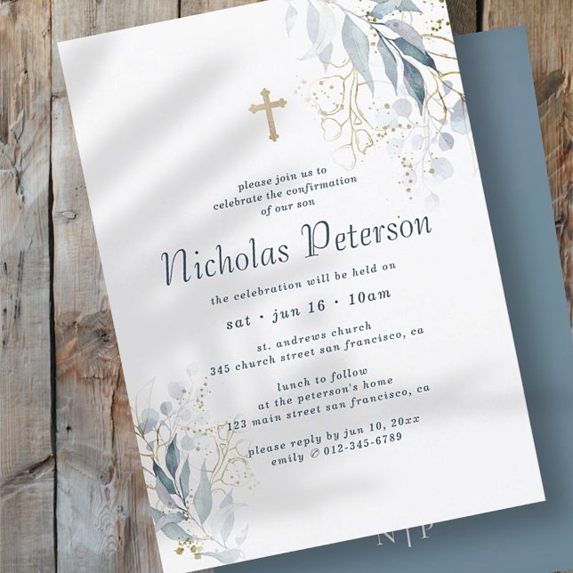 Confirmation For Him Modern Foliage Gold Cross Invitation (Creator Uploaded)