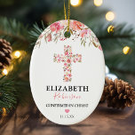 Confirmation Gift | Pink Floral Cross Ceramic Tree Decoration<br><div class="desc">Adult confirmation ceramic ornament featuring a religious floral pink cross,  and an elegant text template that is easy to personalize.</div>