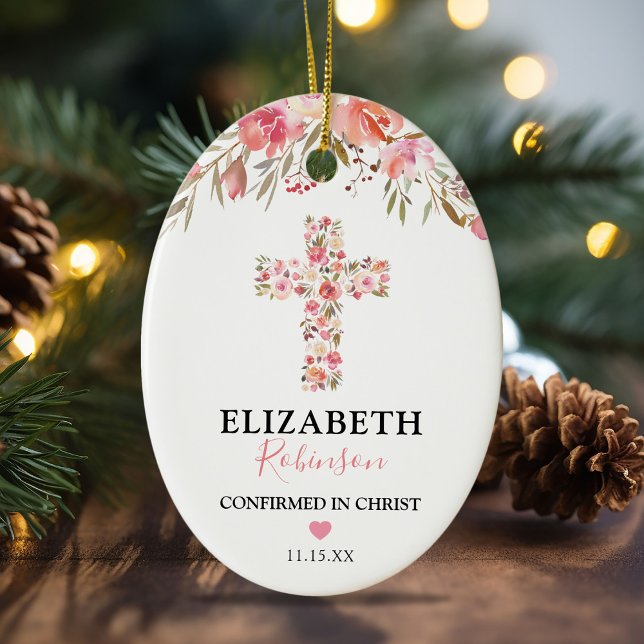 Confirmation Gift | Pink Floral Cross Ceramic Tree Decoration (Creator Uploaded)