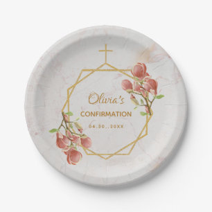 Confirmation Girl Marble Pink Magnolia Geometric Paper Plate