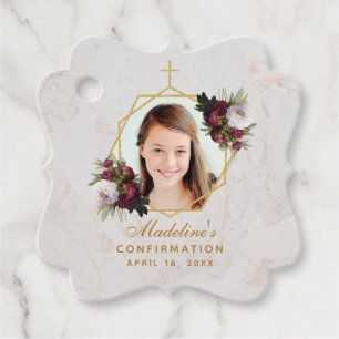 Confirmation Girl Photo Burgundy Peonies Gold Favour Tags